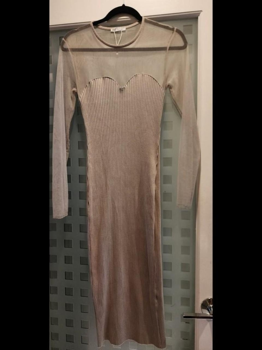 Zara Sheer-Detail Ribbed Long Sleeve Midi Dress - Beige